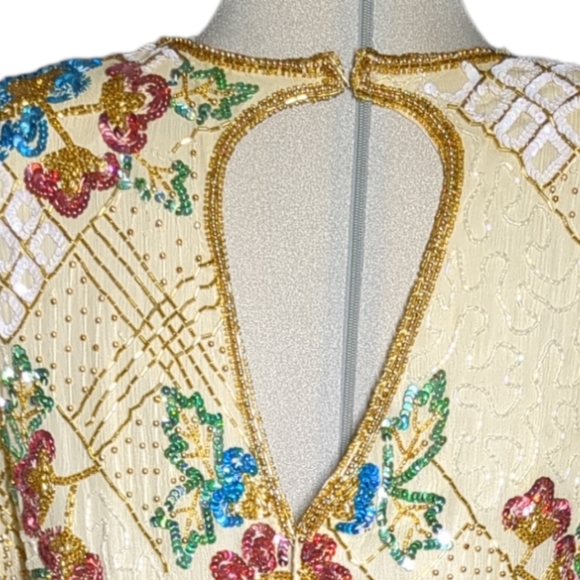 Gorgeous 100% SilkBeige embroidered midi long sleeve beaded sequins dress Size M - Picture 11 of 13